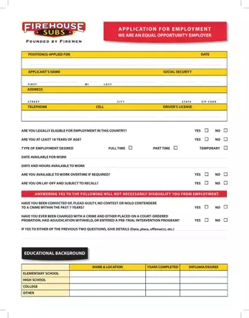 Firehouse Subs Employment Application Form Preview