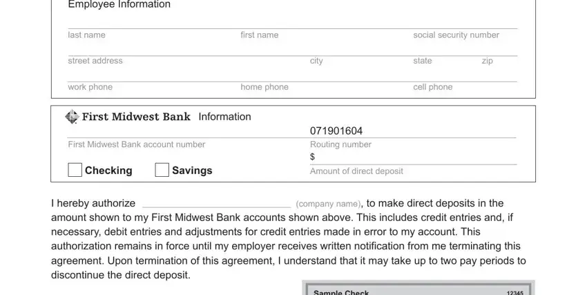 first midwest direct deposit website Employee Information, last name, street address, work phone, first name, city, home phone, social security number, state, zip, cell phone, Information, First Midwest Bank account number, Savings, 071901604 Routing number $, and Amount of direct deposit fields to complete