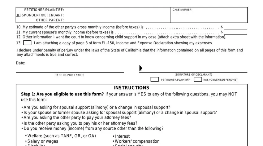 form fl 155 for california CASENUMBER, Date, TYPEORPRINTNAME, SIGNATUREOFDECLARANT, PETITIONERPLAINTIFF, RESPONDENTDEFENDANT, and INSTRUCTIONS fields to insert