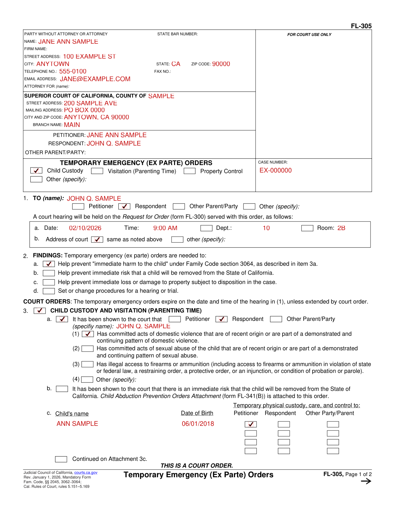 Form FL-305 example filled out, example: temporary emergency custody orders