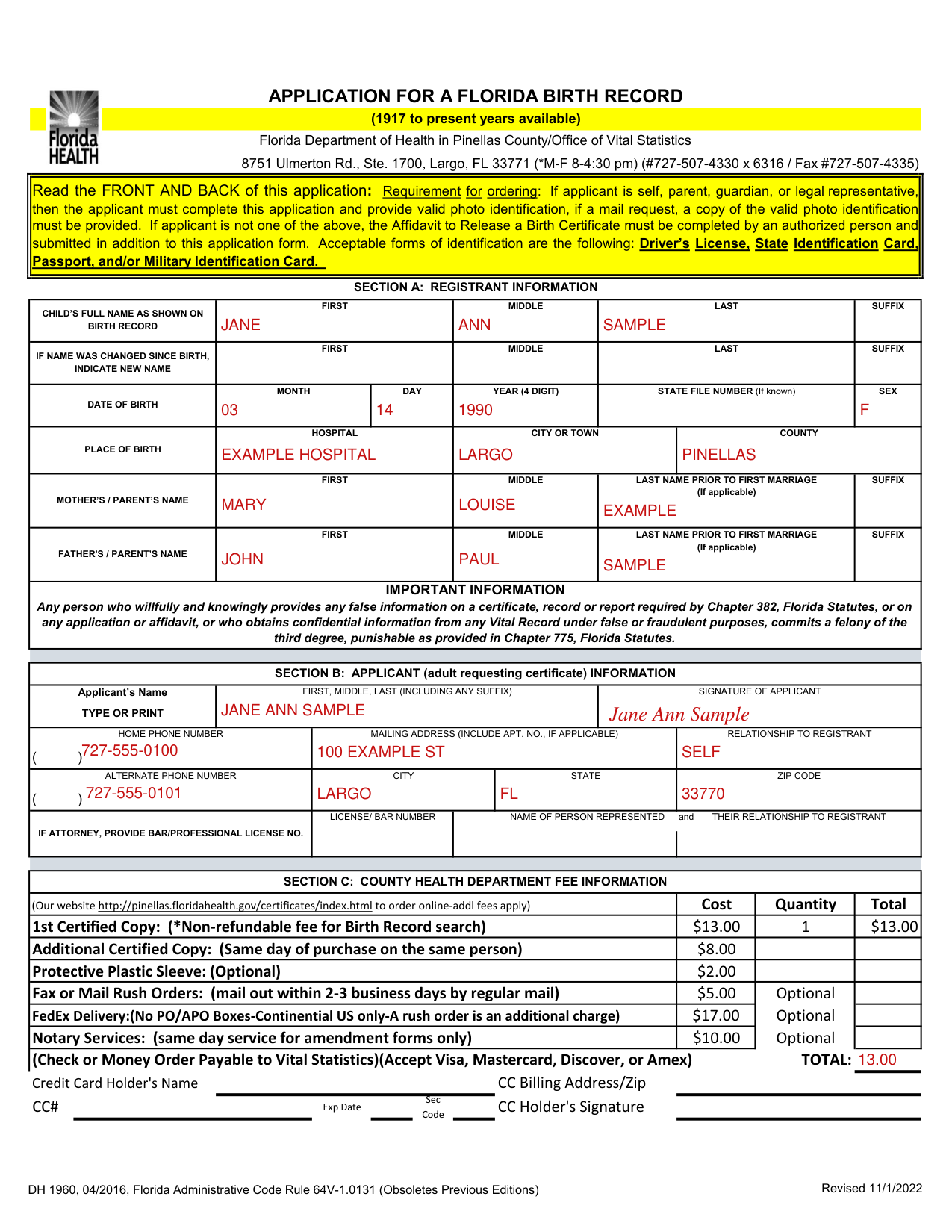 Form DH 1960 example filled out, example: ordering your own birth certificate