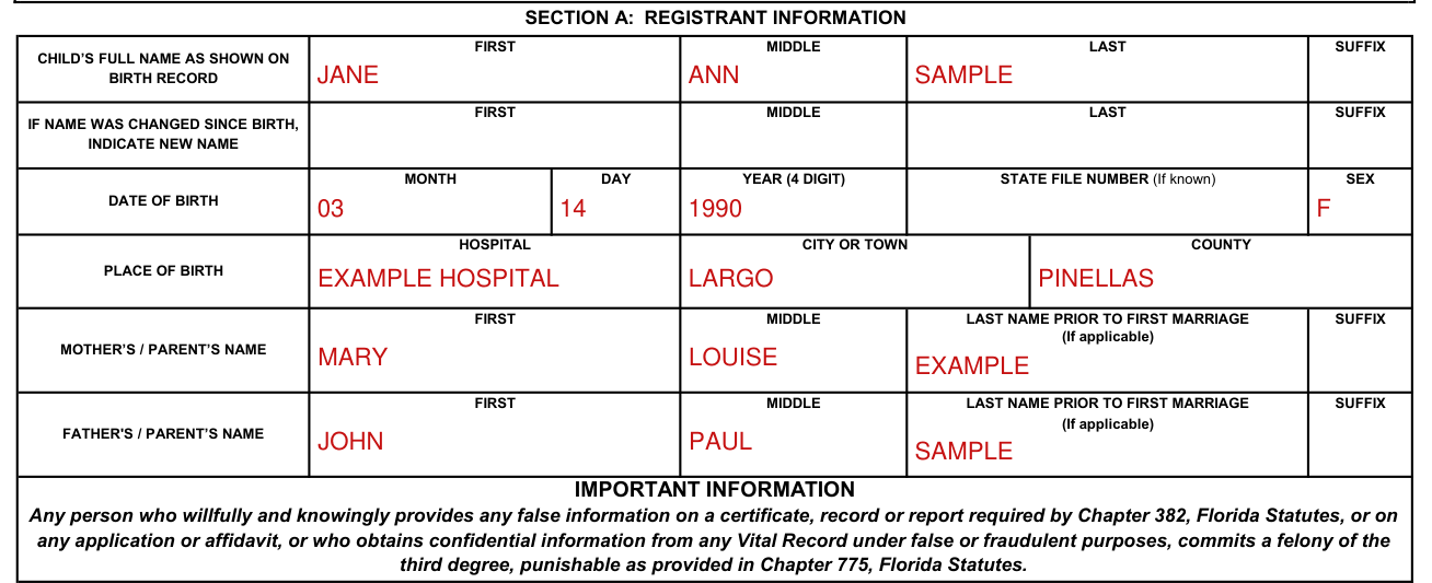 Form DH 1960 example filled out, section A: Registrant information