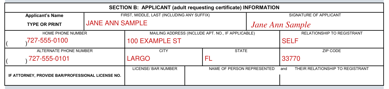Form DH 1960 example filled out, section B: Applicant information