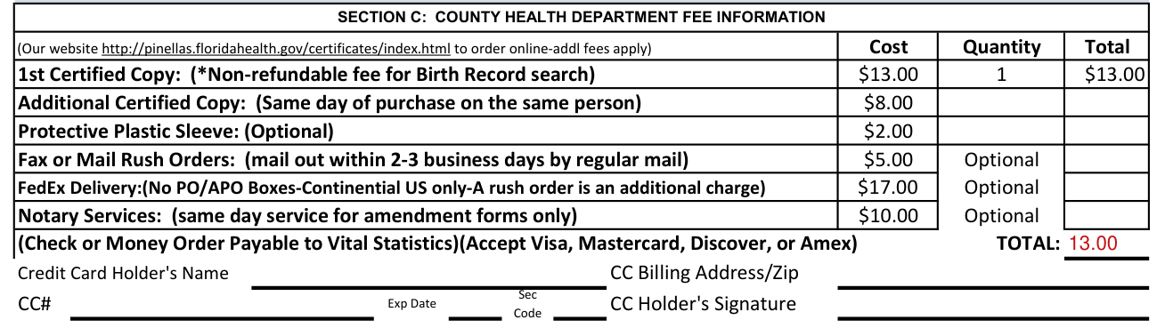 Form DH 1960 example filled out, section C: County health department fee information