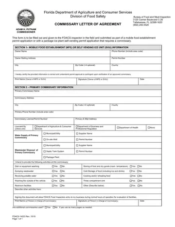Florida Commissary Letter Of Agreement Form Preview