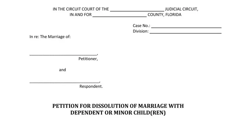 what does a divorce decree look like INANDFORCOUNTYFLORIDA, CaseNoDivision, InreTheMarriageofPetitioner, and, Respondent, DEPENDENTORMINORCHILDREN, and the blanks to fill out