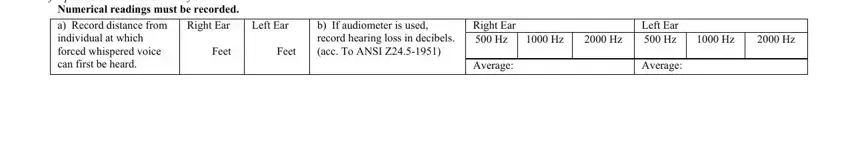 INSTRUCTIONS To convert, Numerical readings must be, Feet, Right Ear, Left Ear, Feet, b If audiometer is used record, Right Ear  Hz, Left Ear  Hz, Average, and Average in dot medical card form 2020