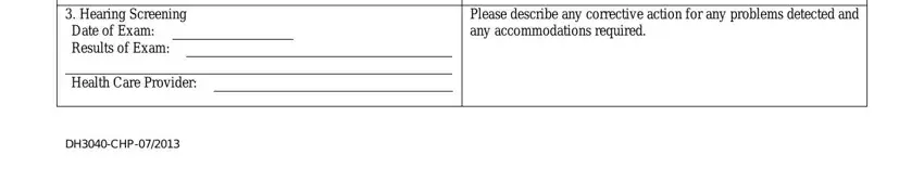 state of florida school entry health form Hearing Screening Date of Exam, Health Care Provider, DHCHP, and Please describe any corrective fields to fill out