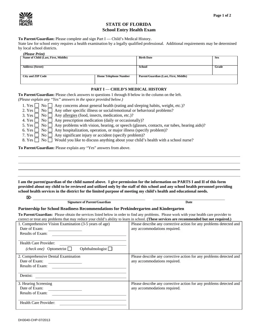 Florida Form Health first page preview