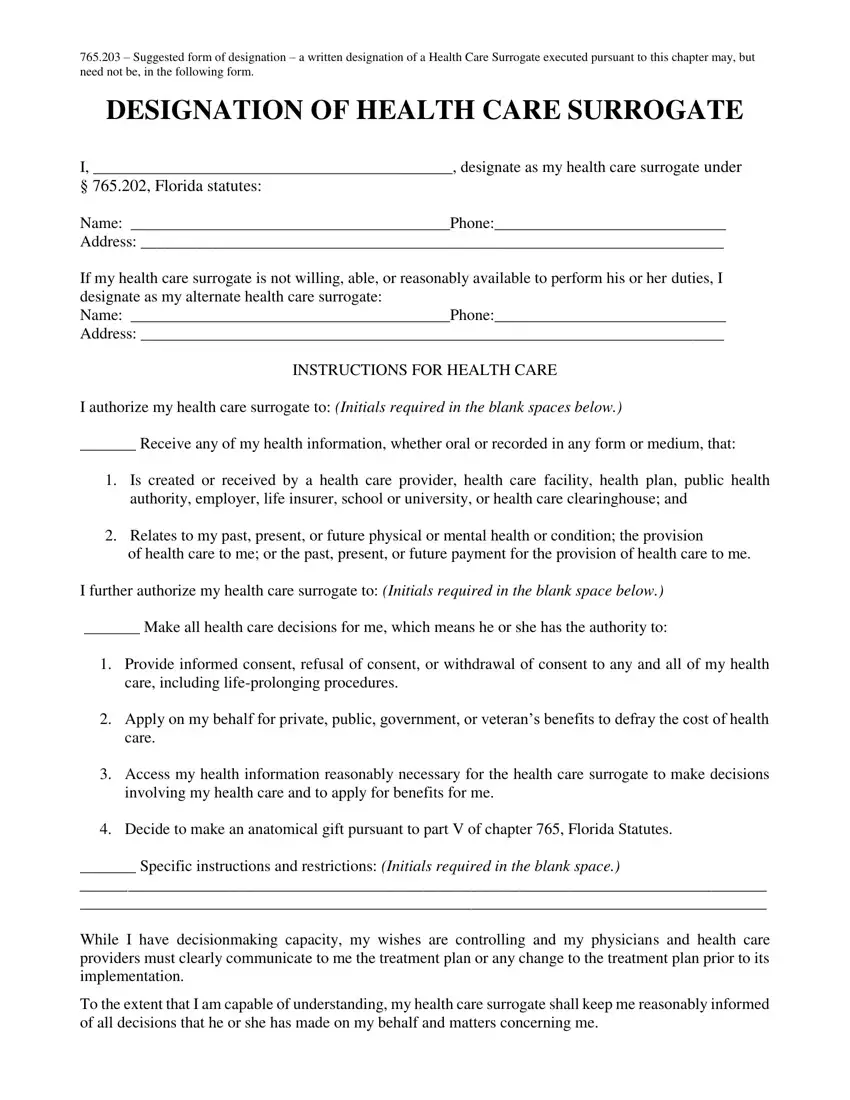 Florida Health Care Surrogate Form first page preview