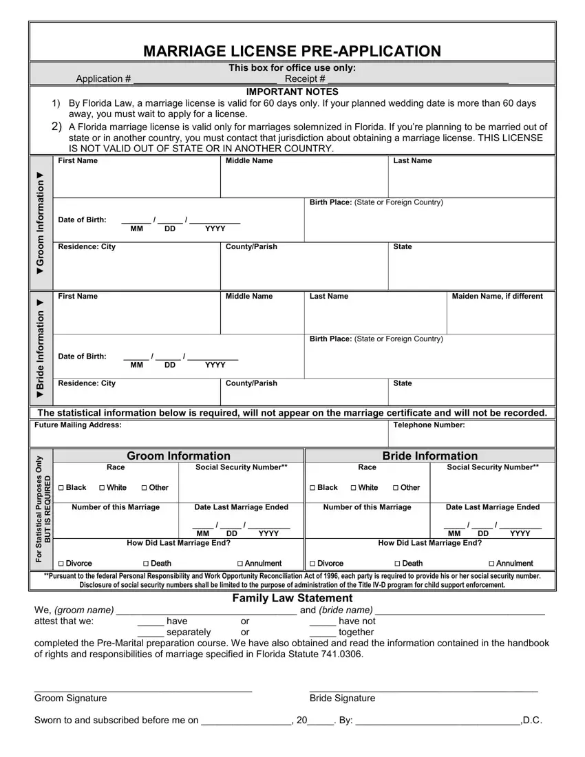 Florida Marriage Application first page preview
