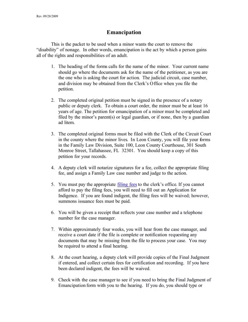 Florida Petition Emancipation first page preview