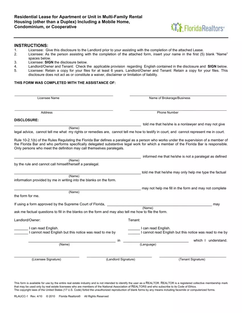 Florida Realtors Residential Lease Form first page preview