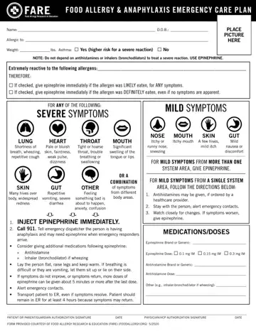 Food Allergy Action Plan Form Preview