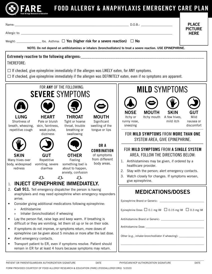 Food Allergy Action Plan Form first page preview