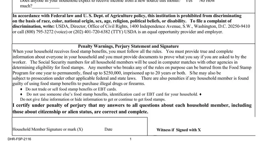 fill out application for food stamps I certify under penalty of perjury, Household Member Signature or mark, Date, Witness if Signed with X, and DHR-FSP-2116 fields to fill out