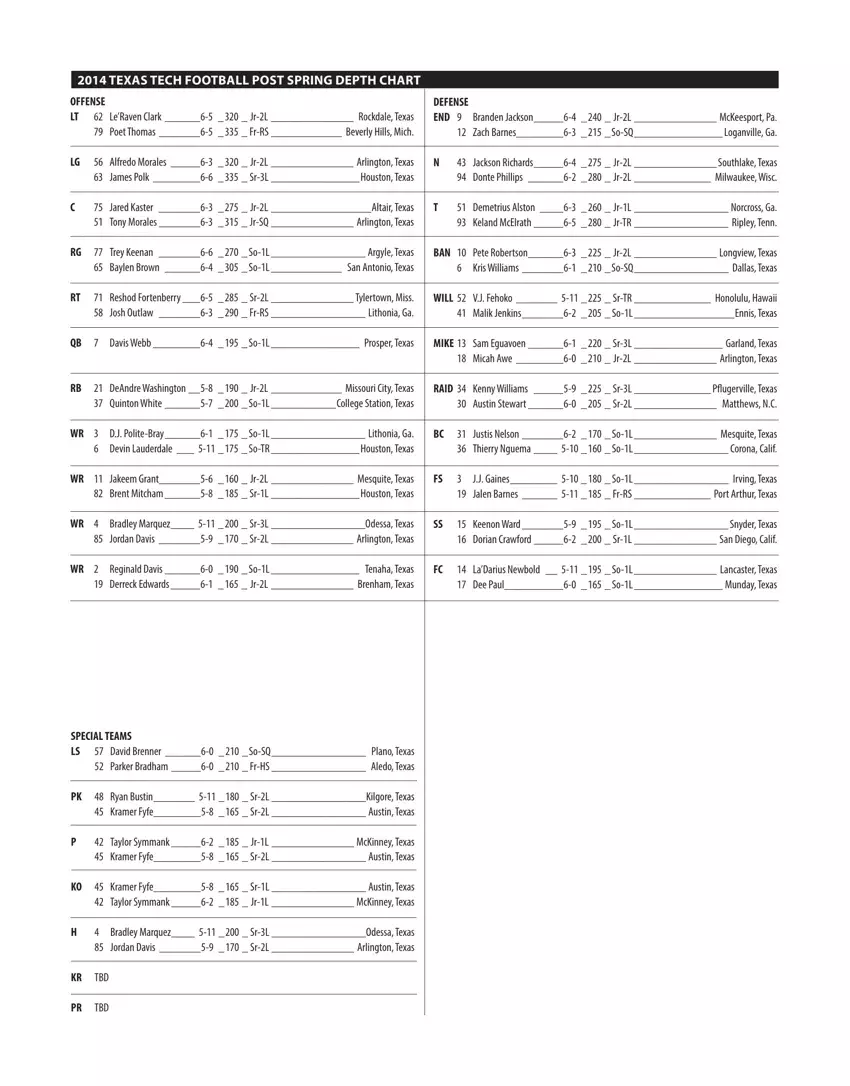 Football Depth Chart Printable One Page