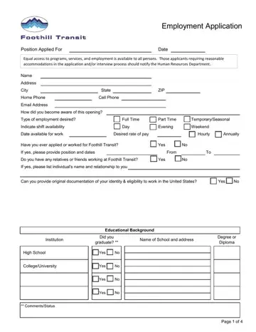 Foothill Transit Application Form Preview