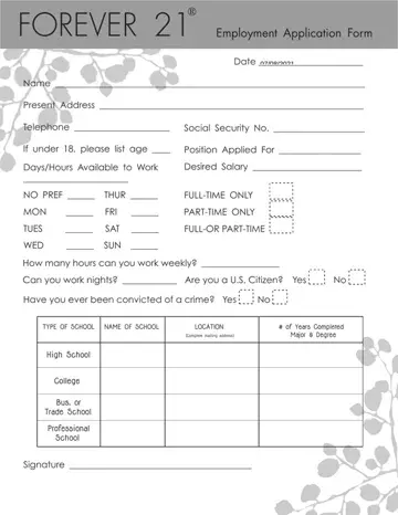 Forever 21 Application Form Preview