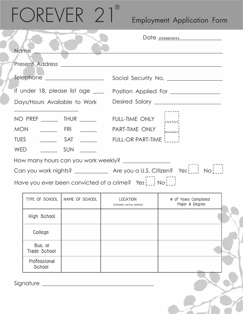 Forever 21 Application Form first page preview