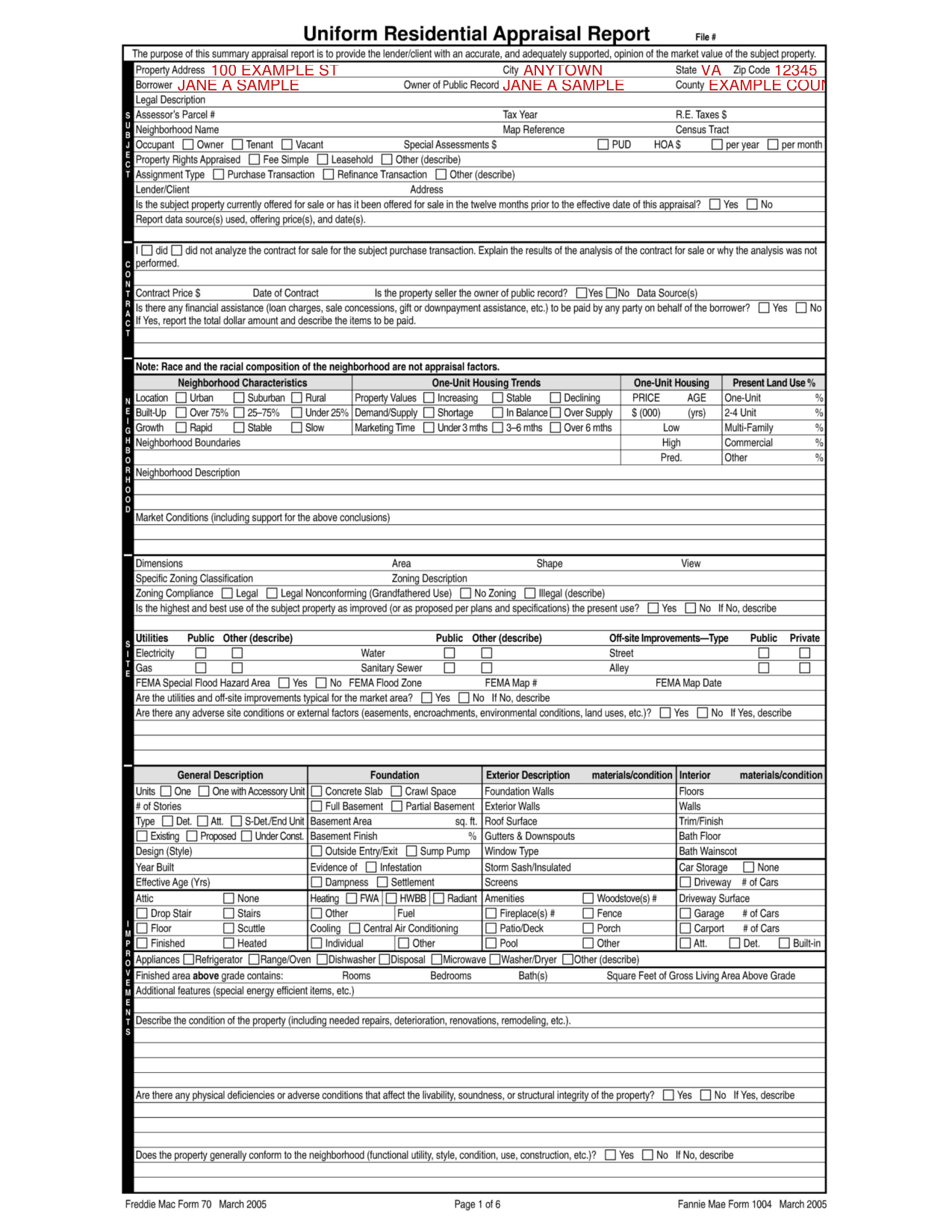 Form 1004 example filled out, example: an appraiser enters the property lines
