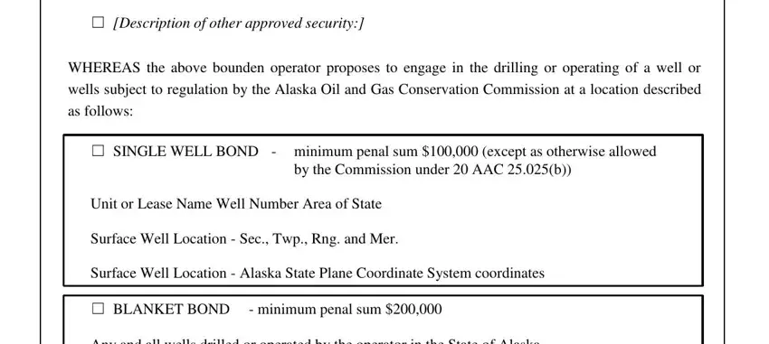 what is a 1004d Description of other approved, WHEREAS the above bounden operator, SINGLE WELL BOND  minimum penal, by the Commission under  AAC b, Unit or Lease Name Well Number, Surface Well Location  Sec Twp Rng, Surface Well Location  Alaska, BLANKET BOND, minimum penal sum, and Any and all wells drilled or fields to fill