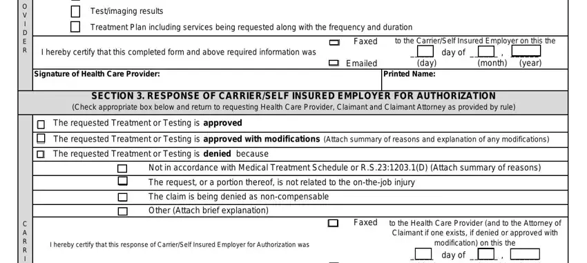 1010 workers comp form fillable Requested Treatment or Testing, Reason for Treatment or Testing, P R O V I D E R, INFORMATION REQUIRED BY RULE TO BE, (Following is the required minimum, History provided to the level of, P P R O V I D E R, Physical Findings/Clinical Tests, Documented functional improvements, Test/imaging results, Treatment Plan including services, I hereby certify that this, Signature of Health Care Provider:, Faxed, to the Carrier/Self Insured, Emailed, and _____ day of ______  fields to insert