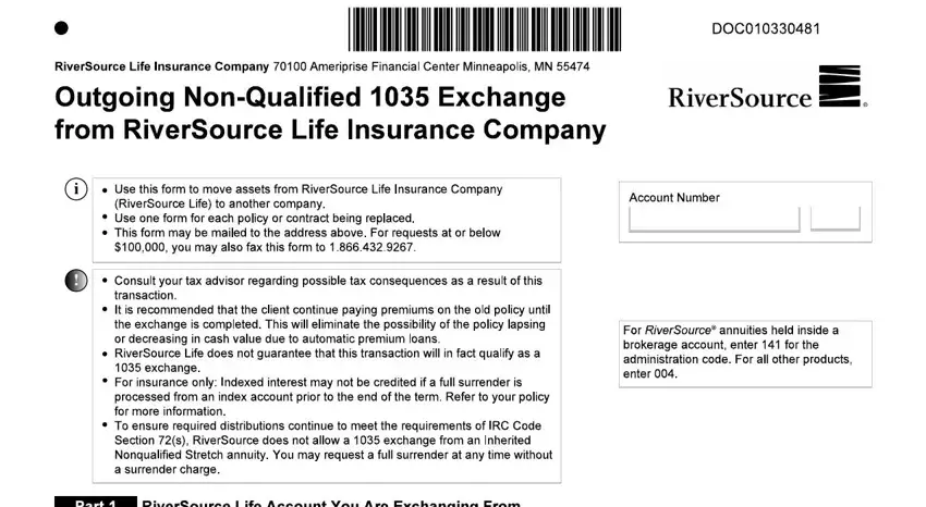 portion of empty spaces in outgoing non qualified 1035 exchange from riversource life insurance company 30481