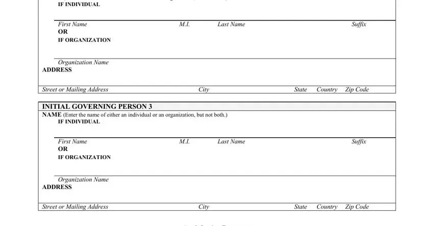 sos form 205 INITIAL GOVERNING PERSON  NAME, IF INDIVIDUAL, First Name OR IF ORGANIZATION, Organization Name, ADDRESS, Last Name, Suffix, Street or Mailing Address, City, State Country Zip Code, INITIAL GOVERNING PERSON  NAME, IF INDIVIDUAL, First Name OR IF ORGANIZATION, Organization Name, and ADDRESS fields to fill out