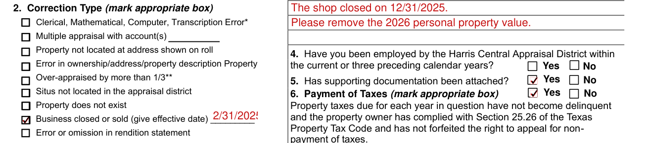 Form 25.25PP example filled out, correction Type and Payment of Taxes