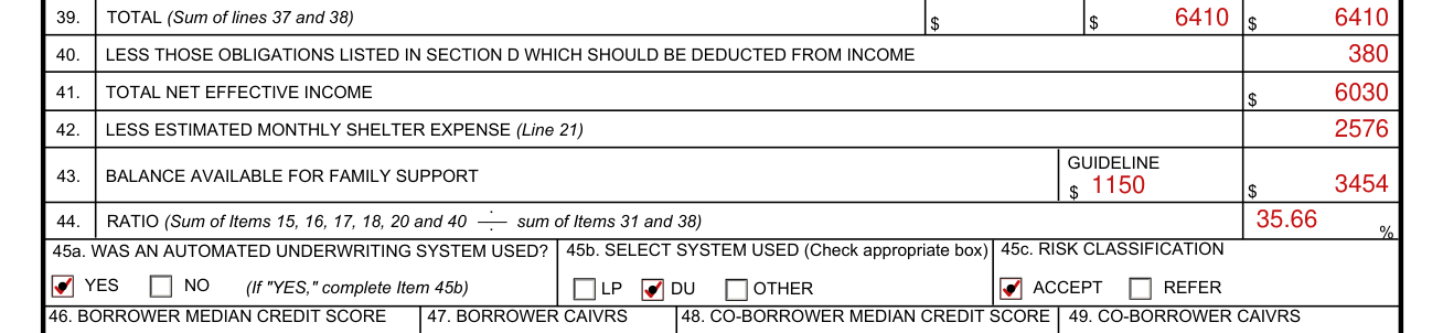 Form 26-6393 example filled out, boxes 40 to 44: Total Net Effective Income, Balance and Ratio