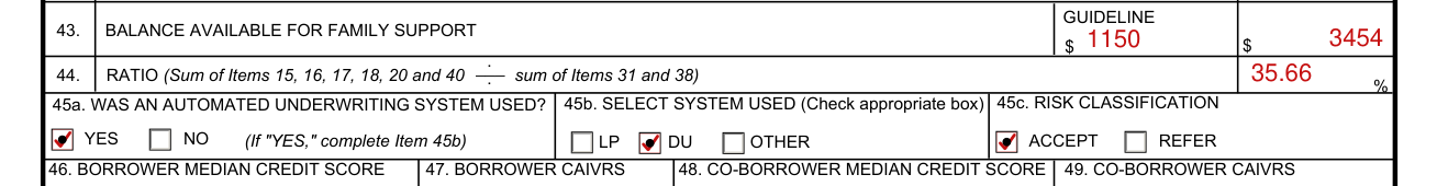 Form 26-6393 example filled out, boxes 45a to 45c: Automated Underwriting System