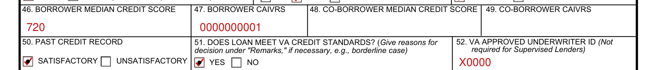 Form 26-6393 example filled out, boxes 46 to 49: Credit Scores and CAIVRS