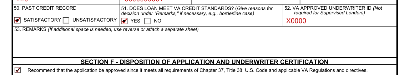 Form 26-6393 example filled out, boxes 50 to 53: Credit Record, Credit Standards, Underwriter ID and Remarks