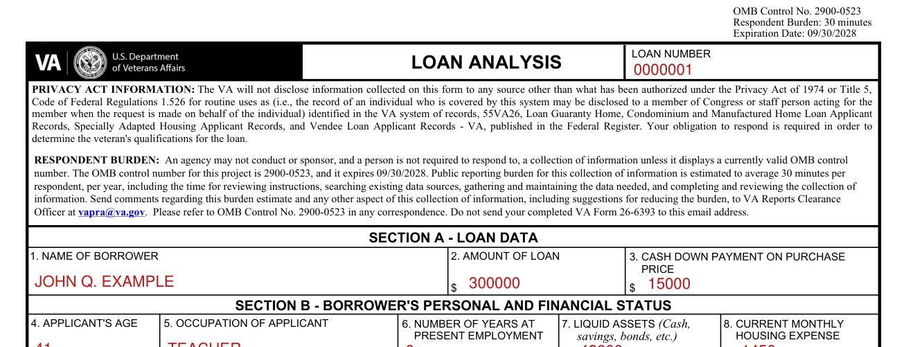 Form 26-6393 example filled out, loan Number and Section A: Loan Data