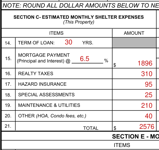 Form 26-6393 example filled out, section C: Estimated Monthly Shelter Expenses (This Property)