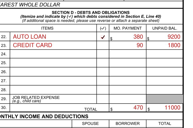 Form 26-6393 example filled out, section D: Debts and Obligations