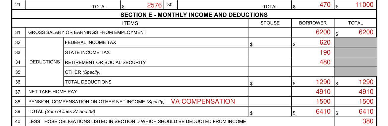 Form 26-6393 example filled out, section E: Monthly Income and Deductions