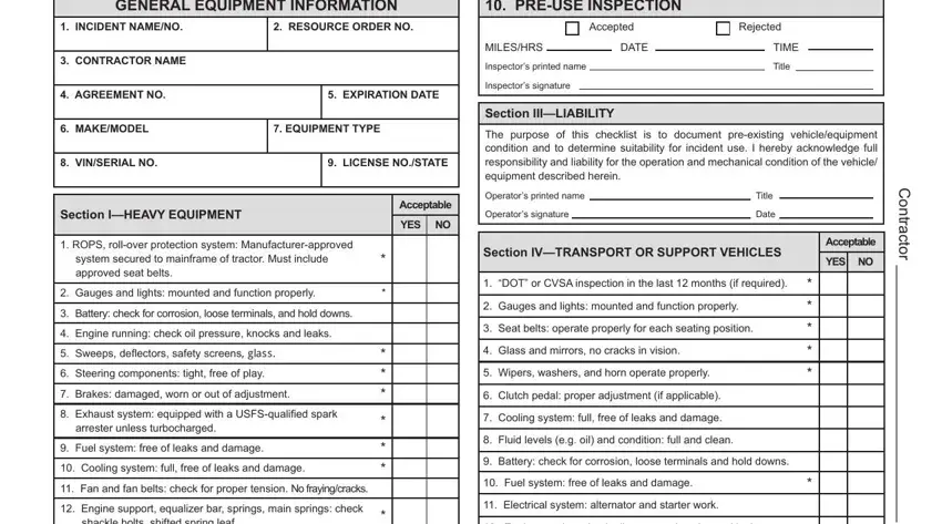 equipment checklist template GENERALEQUIPMENTINFORMATION, PREUSEINSPECTION, INCIDENTNAMENO, RESOURCEORDERNO, Accepted, Rejected, CONTRACTORNAME, AGREEMENTNO, EXPIRATIONDATE, MAKEMODEL, EQUIPMENTTYPE, VINSERIALNO, LICENSENOSTATE, MILESHRS, and DATE fields to fill out