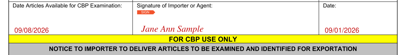 CBP Form 3495 example filled out, date articles available and signature