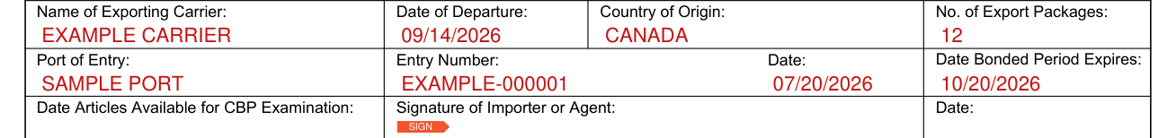 CBP Form 3495 example filled out, exporting carrier, departure, origin, packages and entry