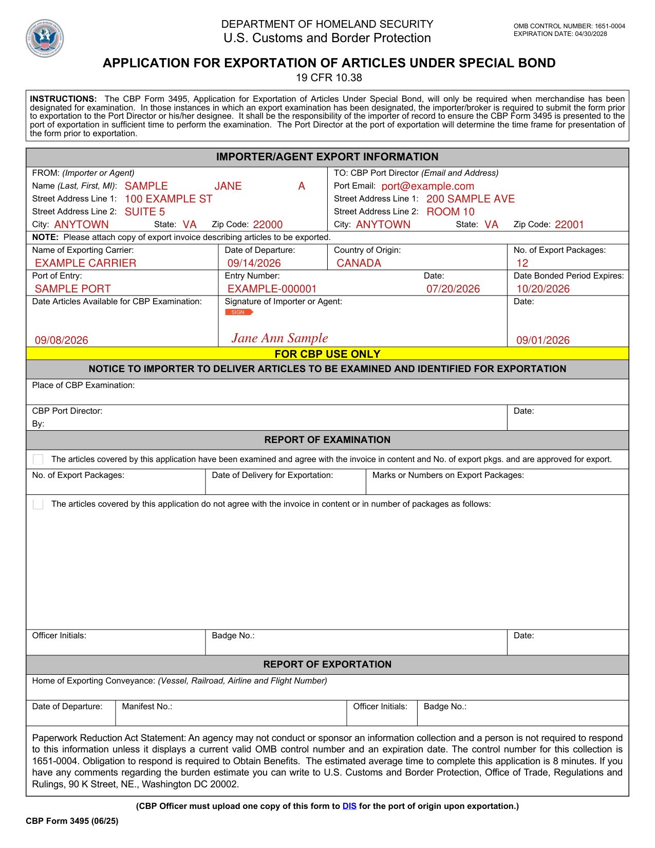 CBP Form 3495 example filled out, example: an importer applies to export examined goods