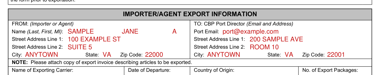 CBP Form 3495 example filled out, importer/Agent Export Information: To and From