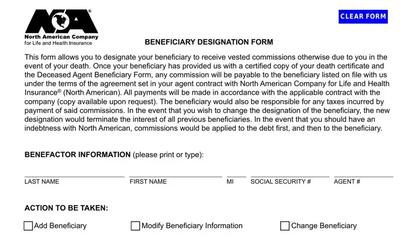 entering details in north american company for life and health beneficiary change form step 1