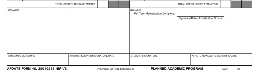 hfd form 48 REMARKS, TOTAL CREDIT HOURS ATTEMPTED, TOTAL CREDIT HOURS ATTEMPTED, REMARKS, Fall Term Reevaluation Complete, SignatureDate of Institution, STUDENTS SIGNATURE, AFROTC REVIEWERS SIGNATUREDATE, STUDENTS SIGNATURE, AFROTC REVIEWERS SIGNATUREDATE, AFOATS FORM   EFV PREVIOUS EDITION, PLANNED ACADEMIC PROGRAM, and PAGE blanks to fill out