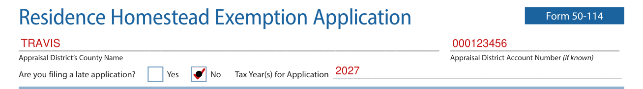 Form 50-114 example filled out, county, account number and late application