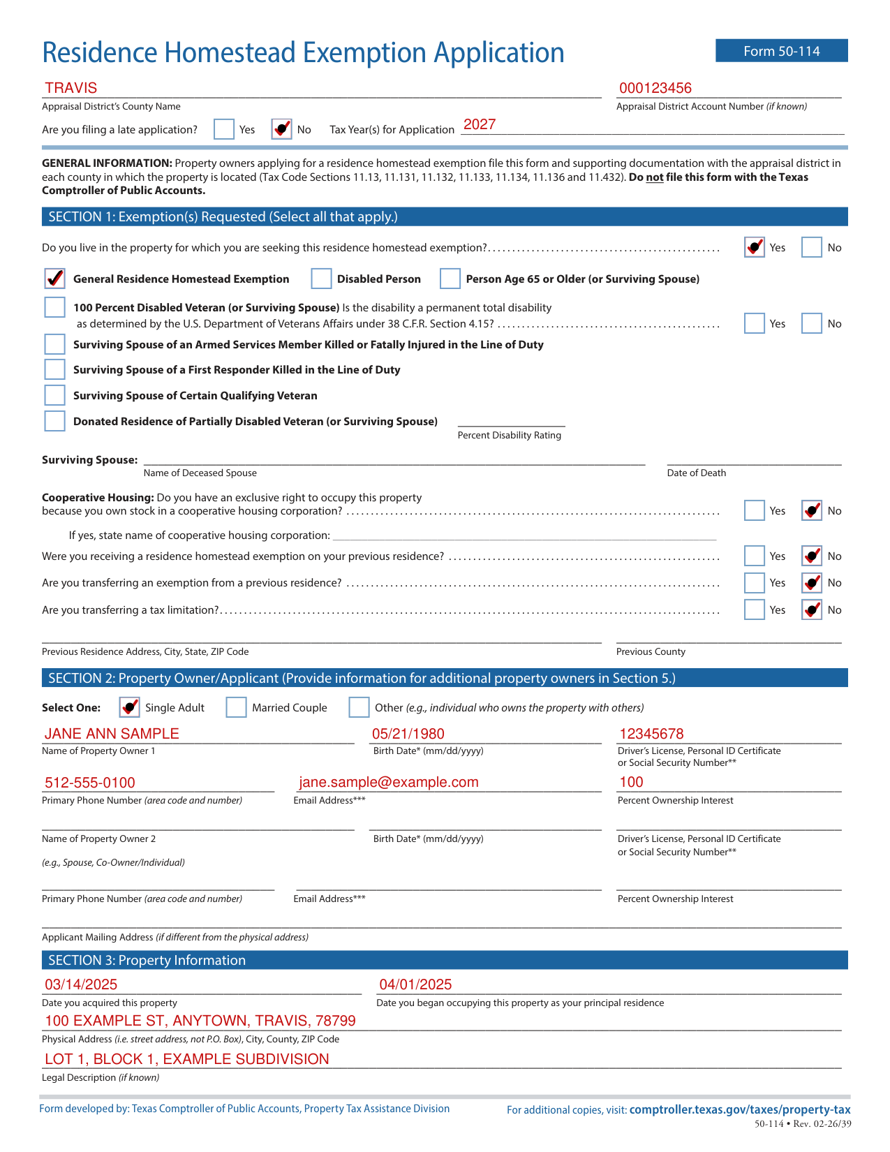 Form 50-114 example filled out, example: a single adult applies for the general exemption