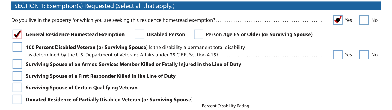 Form 50-114 example filled out, section 1: Exemption(s) Requested