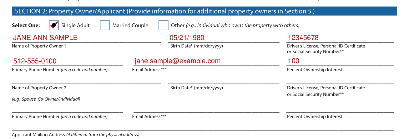 Form 50-114 example filled out, section 2: Property Owner/Applicant