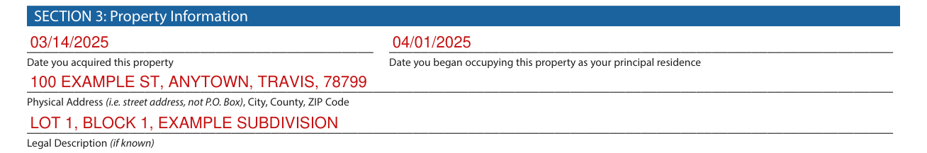 Form 50-114 example filled out, section 3: dates, physical address and legal description
